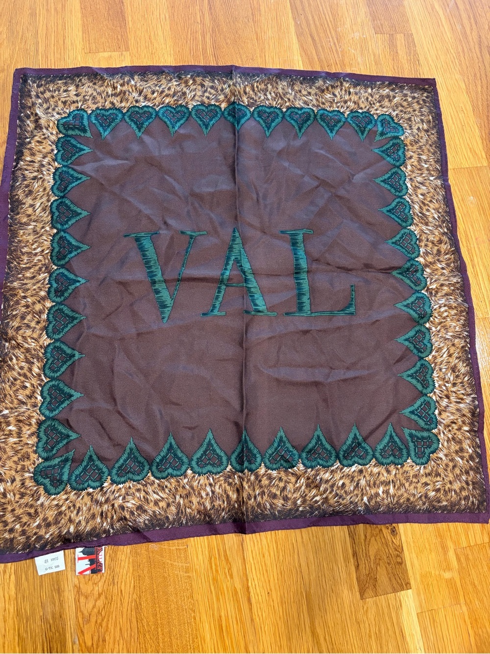 Silk Monogram Valentino Scarf in Brown with Teal Trim
